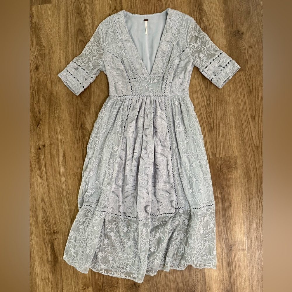 Free People Mountain Laurel Lace Crochet Dress Morning Mist Lt Baby Blue. Size 0